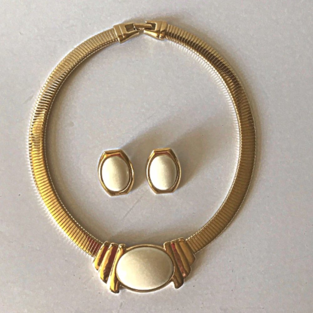 Vintage Trifari gold tone and enamel necklace and clip on earring set 1970s